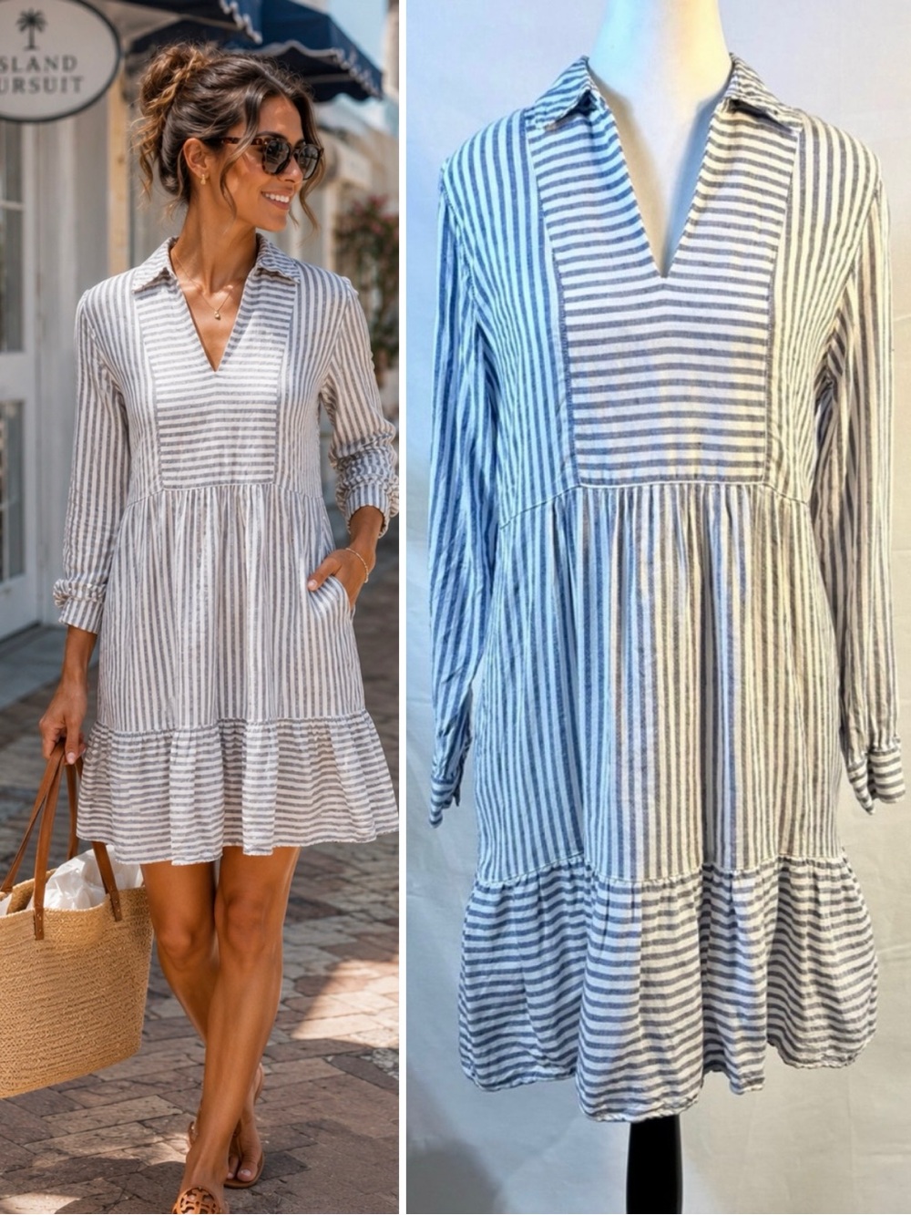 Tommy Bahama St. Lucia Linen-Blend Striped Collared Dress Size XS💚
